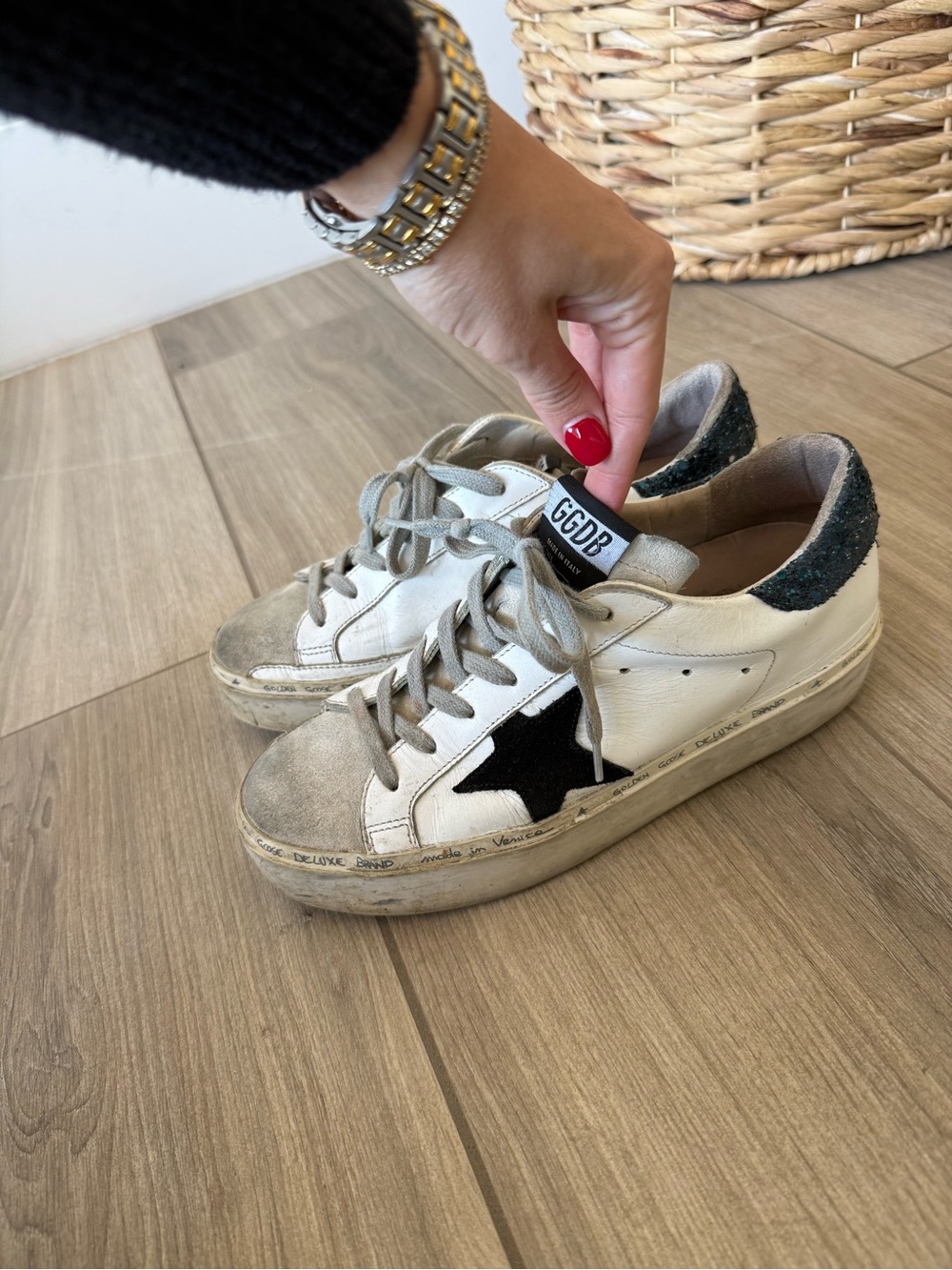 Golden Goose White Sneakers with Black Star and Teal Glitter Heel - Picture 2 of 5